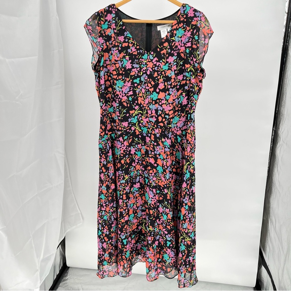 Coldwater Creek NEW Silk Floral V-Neck Dress Size 16 Cap Sleeve Midi Romantic